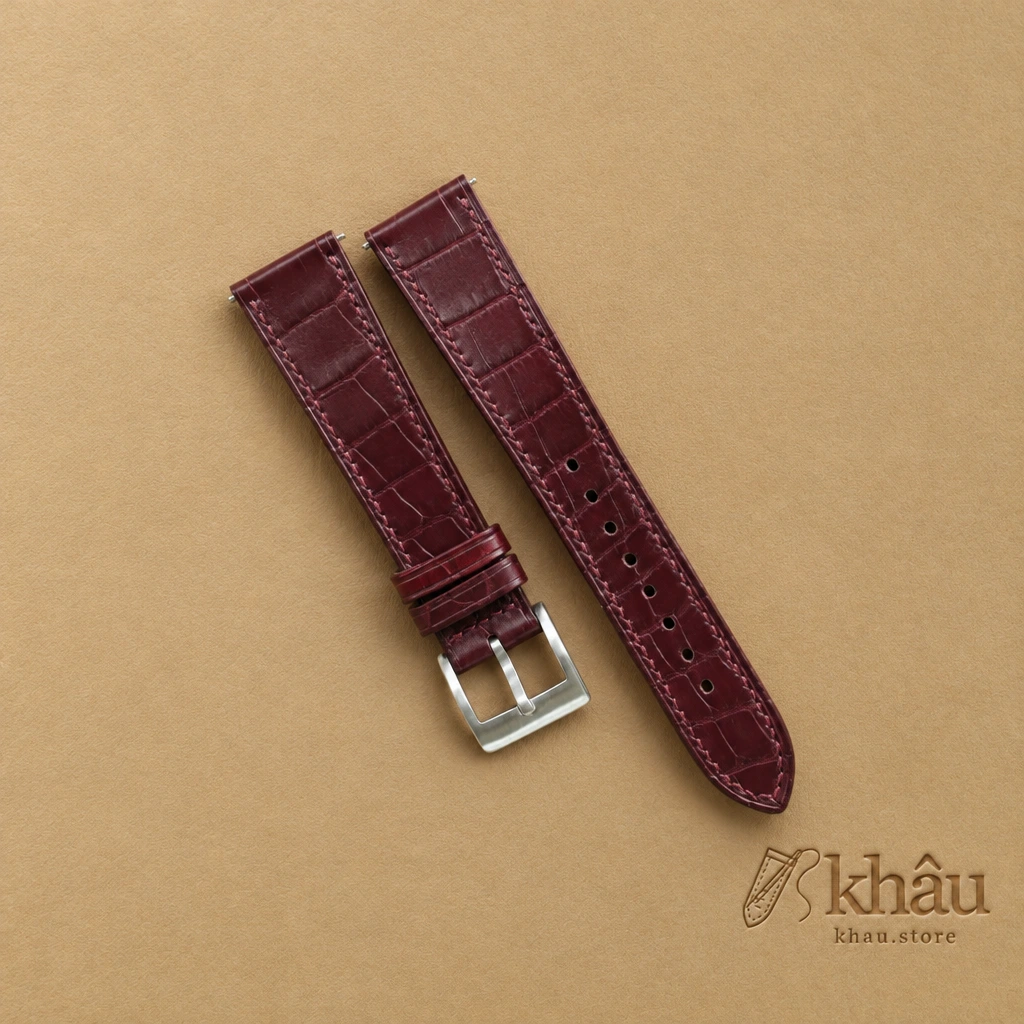 Burgundy Alligator Leather Watch Strap — front view